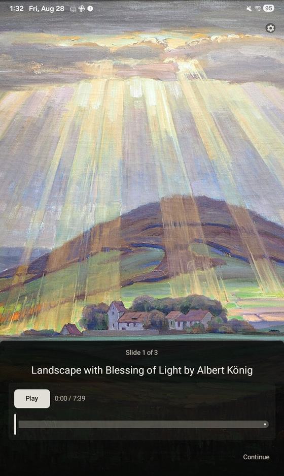 MindFeast picture study slide showing a painting titled "Landscape with Blessing of Light" by Albert König and an audio media player at the bottom of the slide for listening to an AI created podcast about the artist and painting.