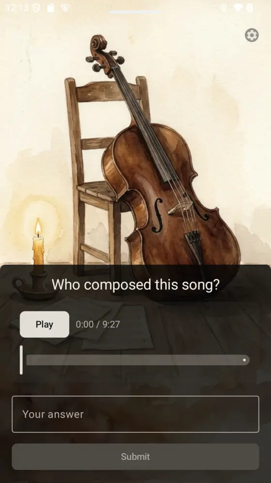 An audio slide: a watercolor cello resting against a chair beside a lit candle, with a Play button, the question “Who composed this song?”, and a field for the child’s answer.