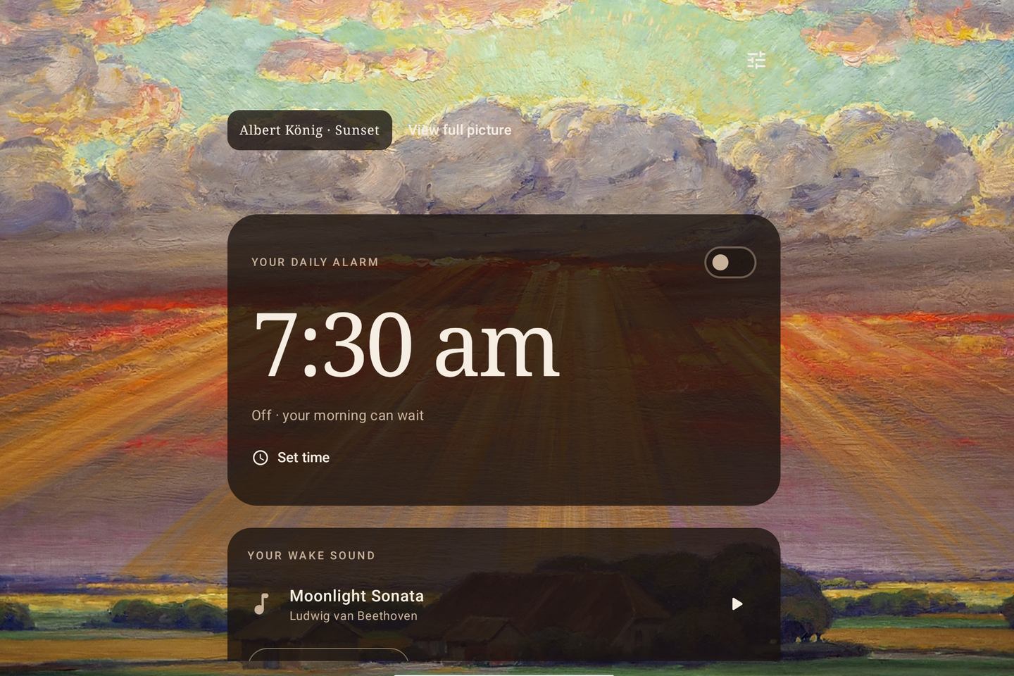 Wake screen in landscape showing Sunset by König as the background image and Moonlight Sonata by Ludwig van Beethoven as the wake sound.