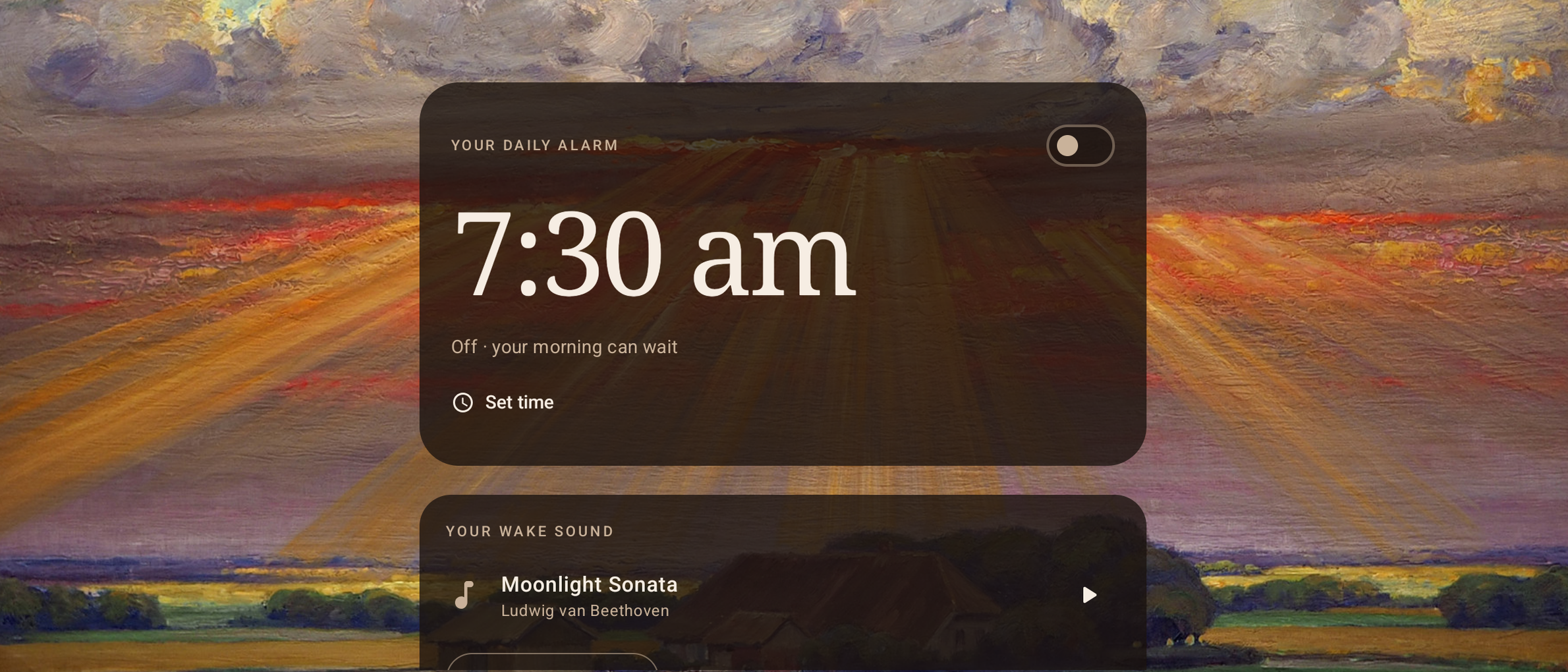Wake screen in landscape showing Sunset by König as the background image and Moonlight Sonata by Ludwig van Beethoven as the wake sound.