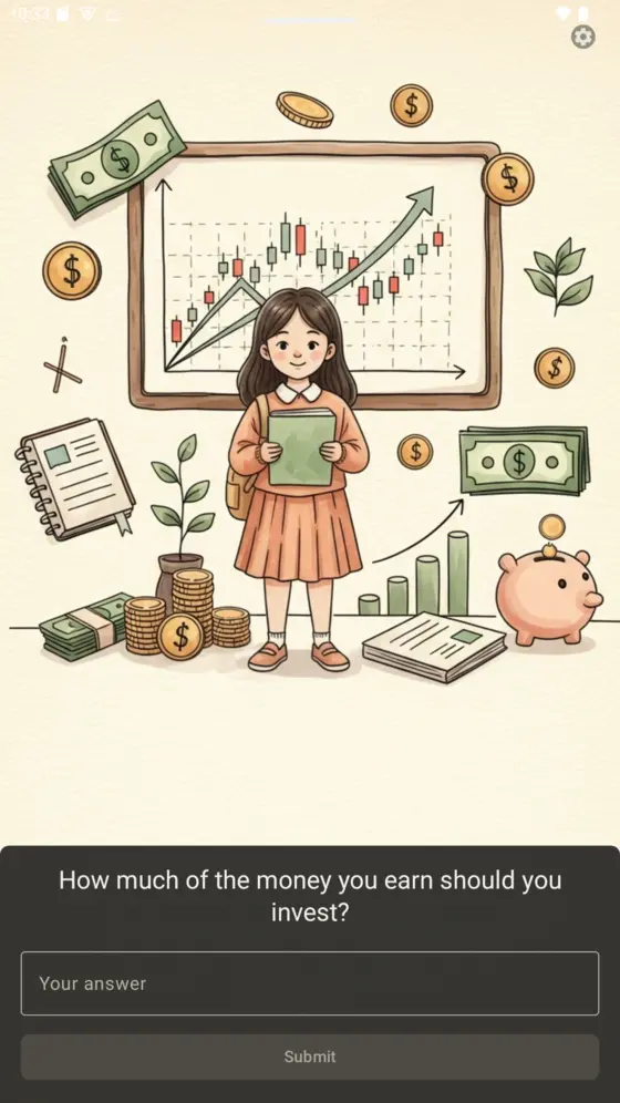 A question slide with a watercolor of a girl in front of a rising stock chart, asking how much of the money you earn you should invest, with a typed-answer field.