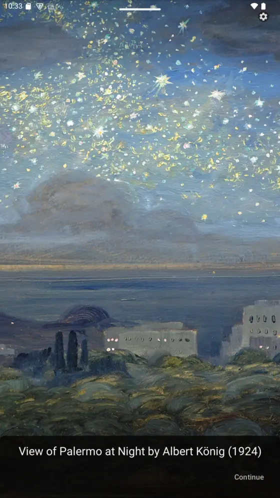 An informational slide presenting Albert König’s View of Palermo at Night (1924) — the painting behind this page, met as art on the lock screen.