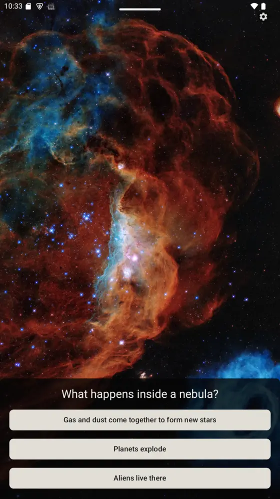 A question slide over a Hubble photograph asking what happens inside a nebula, with three answers to choose from.