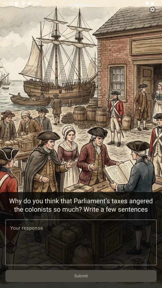 An essay slide asking the child to explain taxation without representation in their own words.